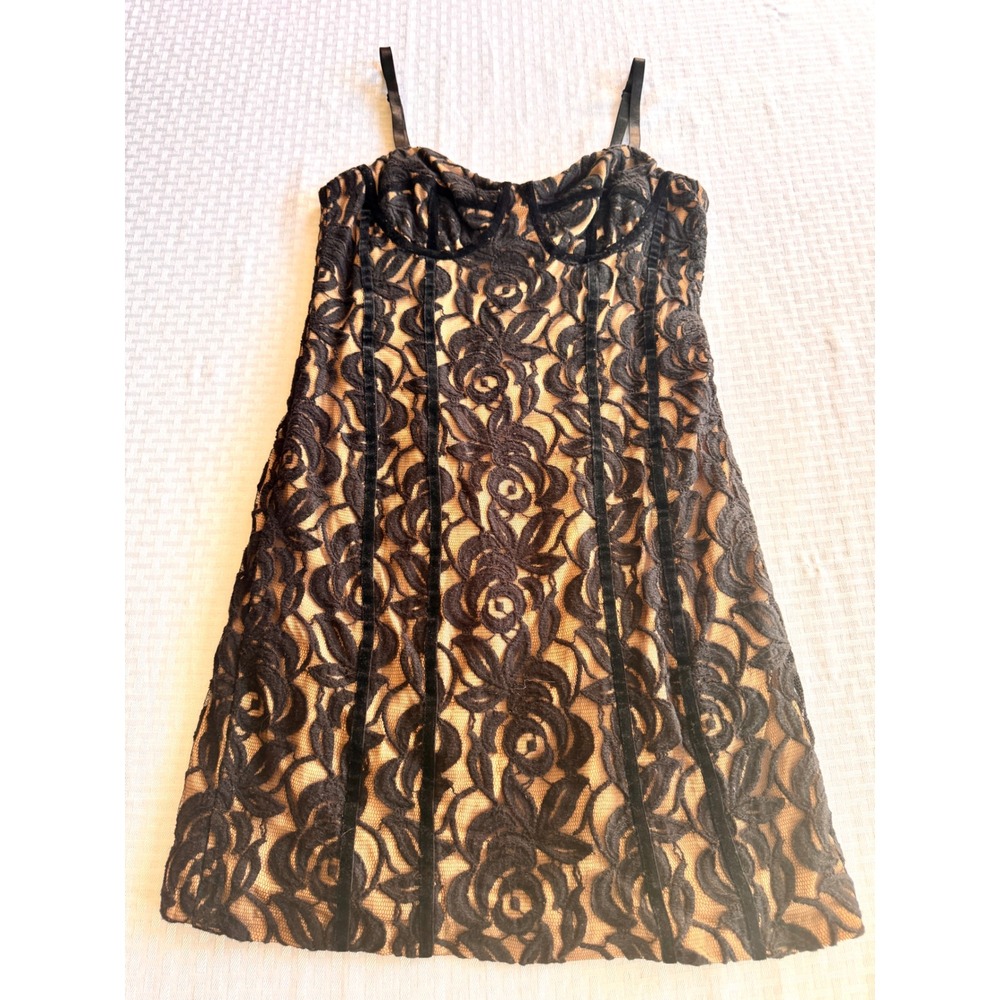 INC International Concepts Black Lace Bustier Mini Dress Rose Velvet Trim Medium